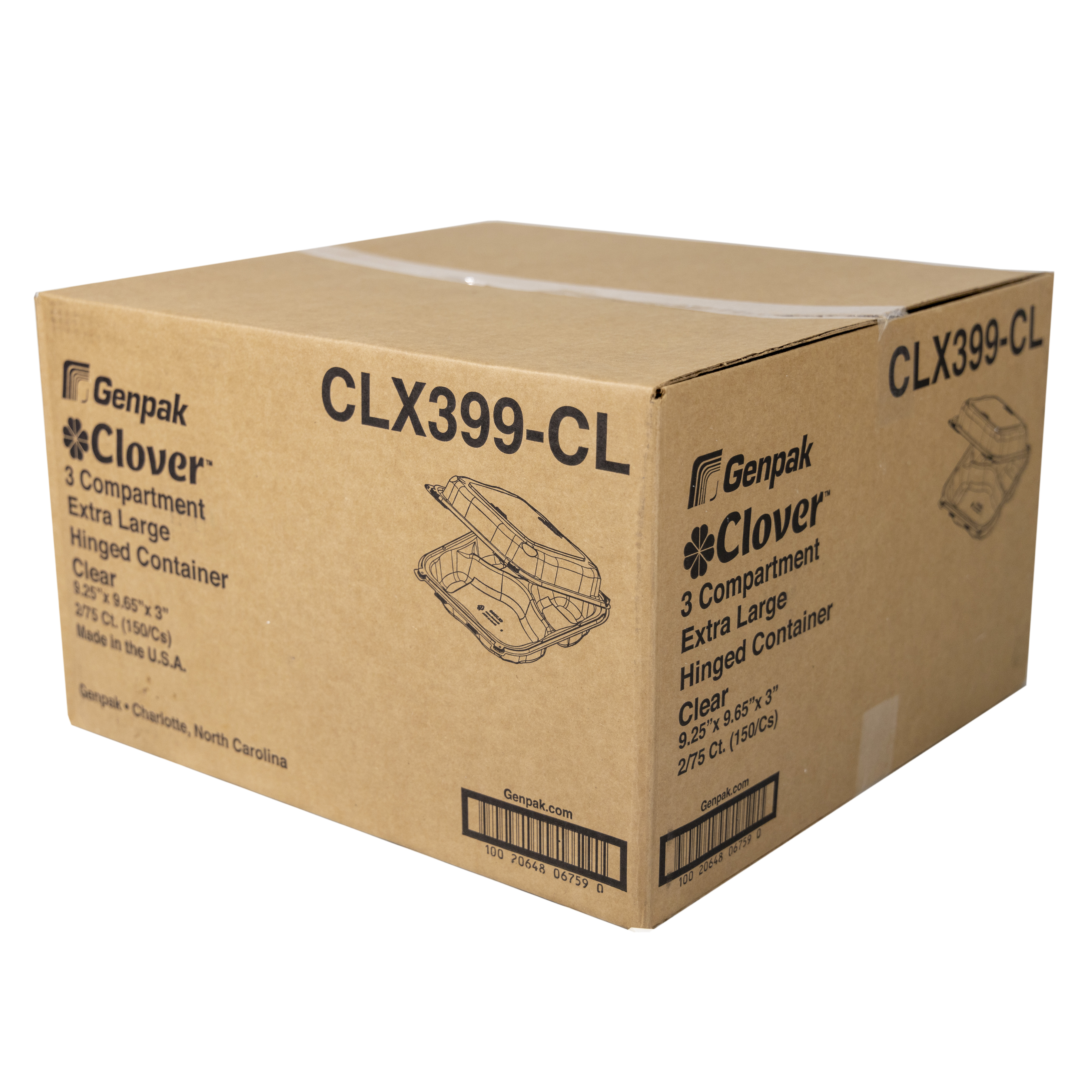 Clover Take-Out Container Hinged XL 9.23X9.23X3 IN 3 Compartment