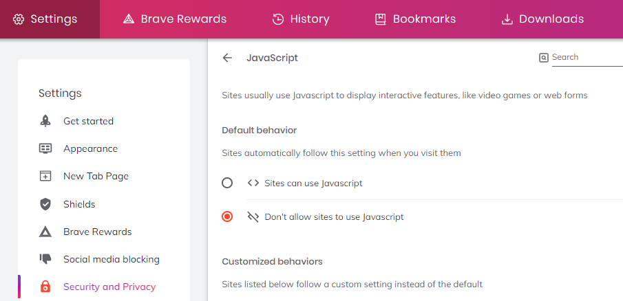 Disable JavaScript in Brave