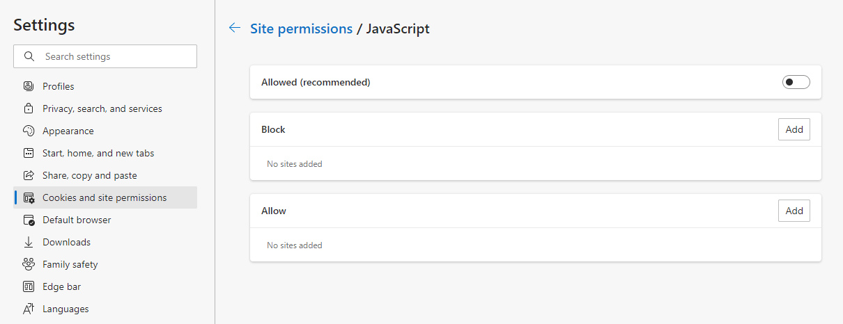 Disable JavaScript in Edge