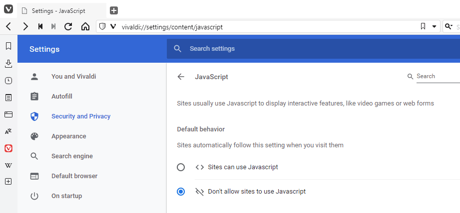 Disable JavaScript in Vivaldi