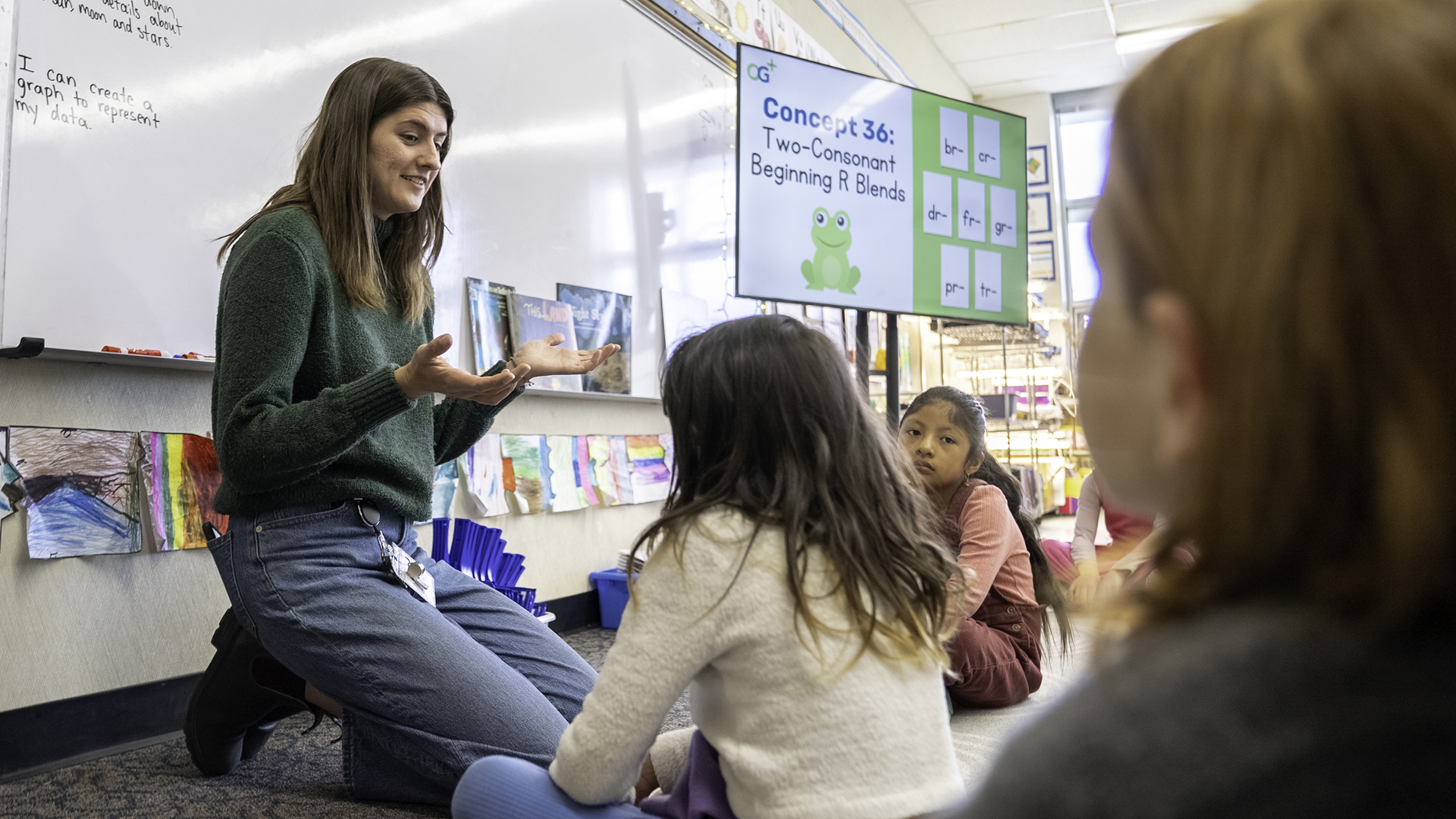IMSE-trained teacher sitting with students during an Orton-Gillingham Plus lesson