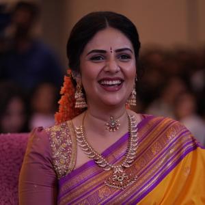 Sreemukhi Stuns In Traditional Saree Look At Event