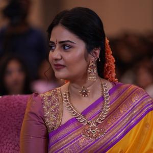 Sreemukhi Stuns In Traditional Saree Look At Event