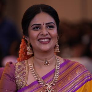 Sreemukhi Stuns In Traditional Saree Look At Event