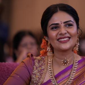 Sreemukhi Stuns In Traditional Saree Look At Event