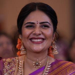 Sreemukhi Stuns In Traditional Saree Look At Event