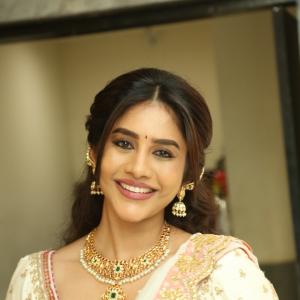 Actress Nabha Natesh Classic Saree Look With Jewellery And Natural Smile