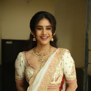 Actress Nabha Natesh Classic Saree Look With Jewellery And Natural Smile