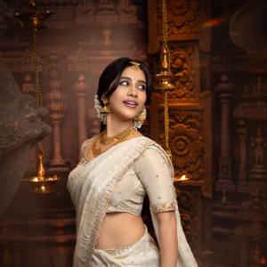 Nabha Natesh Looks Regal in an Ivory Saree and Gold Jewellery