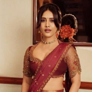 Nabha Natesh Stuns in a Maroon and Gold Saree