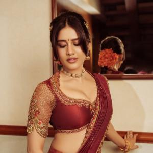 Nabha Natesh Stuns in a Maroon and Gold Saree