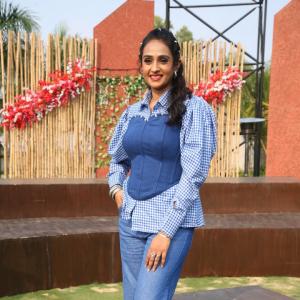 Stylish Actress Laya in Checkered Shirt & Denim Corset