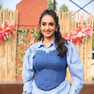 Stylish Actress Laya in Checkered Shirt & Denim Corset