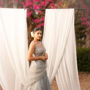 Classic Charm of Actress Saptami Gowda in a Sparkling Silver Lehenga