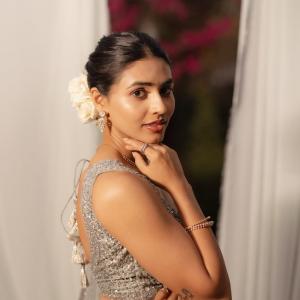 Classic Charm of Actress Saptami Gowda in a Sparkling Silver Lehenga