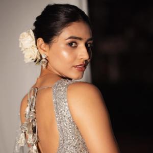 Classic Charm of Actress Saptami Gowda in a Sparkling Silver Lehenga