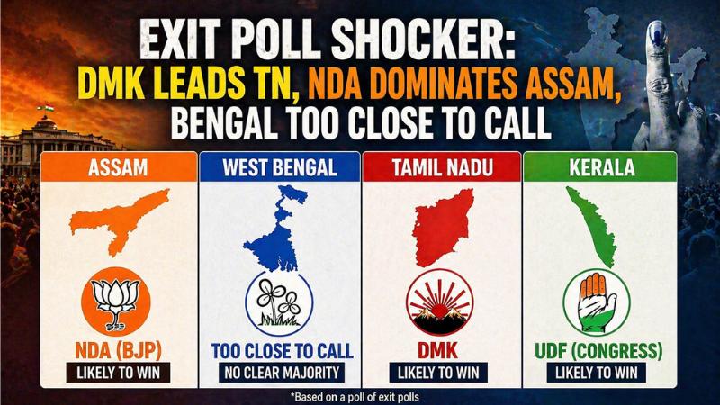 Exit Poll Shocker: DMK Leads TN, NDA Dominates Assam, Bengal Too Close to Call
