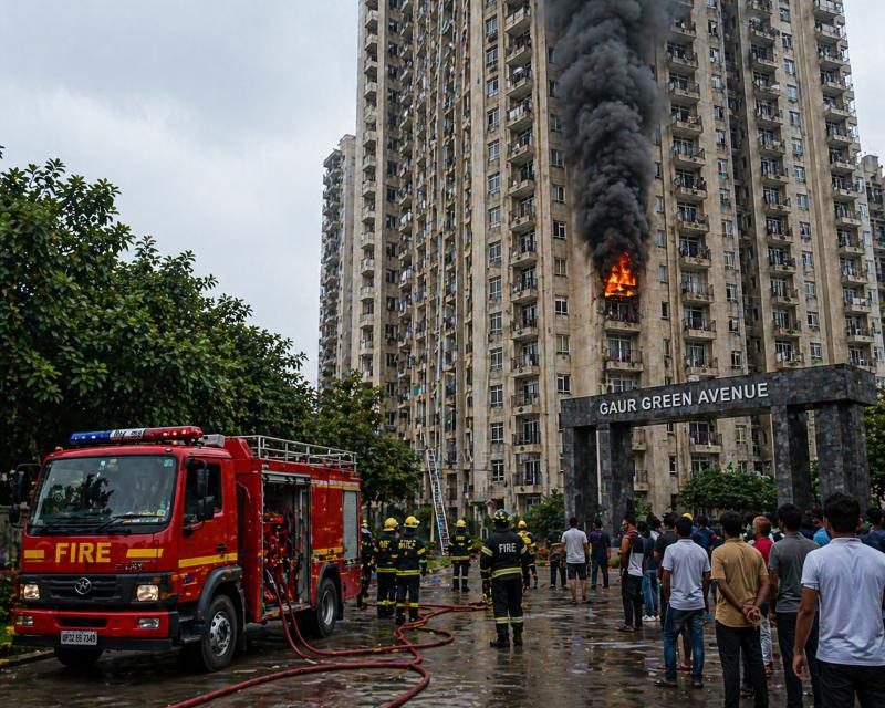 Ghaziabad Apartment Fire Blaze on 9th Floor Forces Quick Evacuation at Gaur Green Avenue