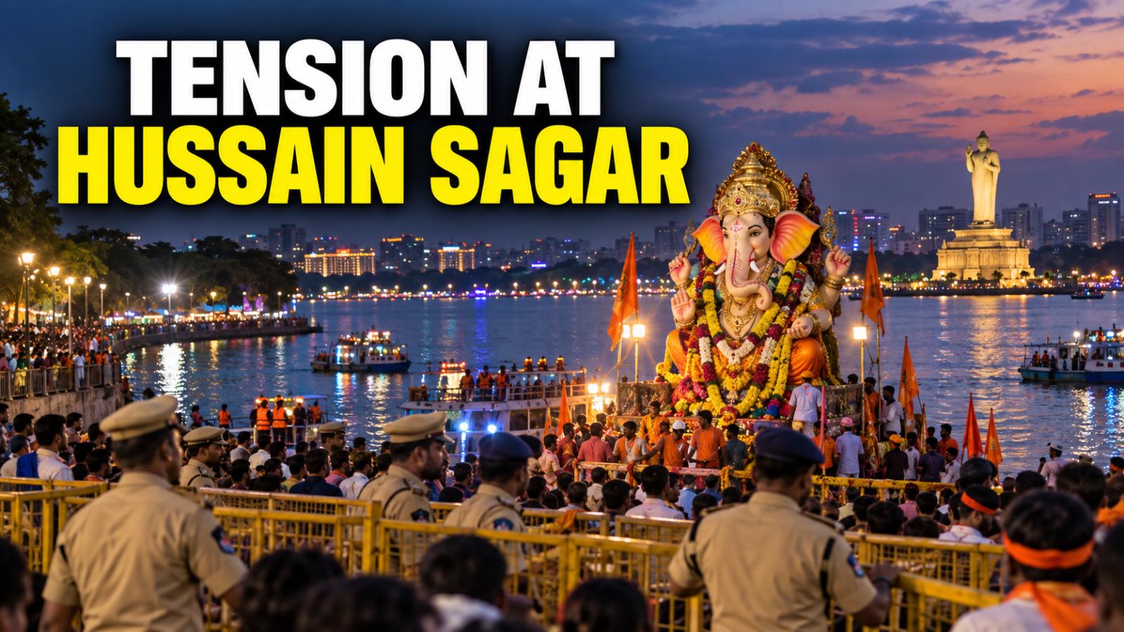 Tension at Hussain Sagar Over Ganesh Idol Immersion