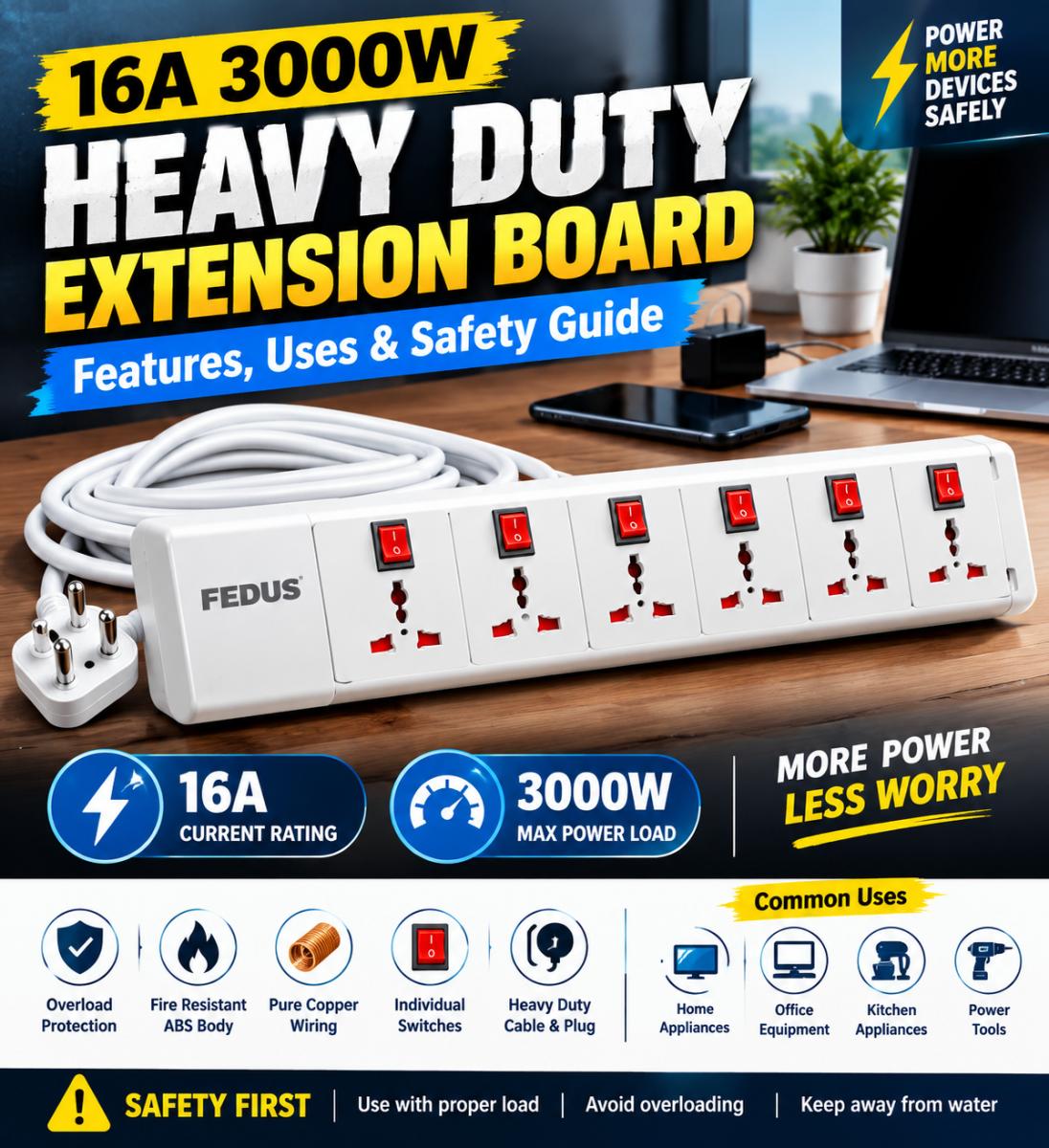16A 3000W Heavy Duty Extension Board: Features, Uses & Safety Guide