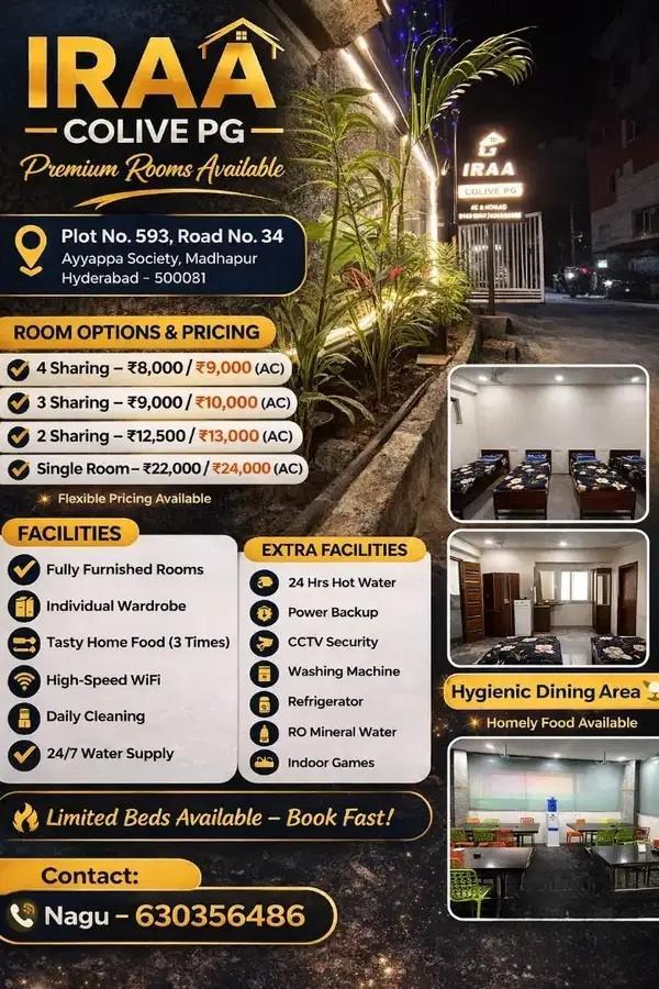 IRAA COLIVE PG – Fully Furnished Rooms for Rent in Madhapur, Hyderabad