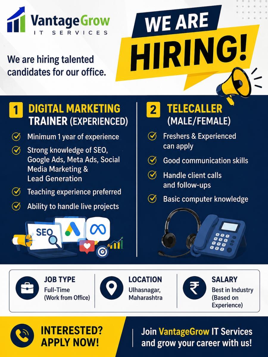 VantageGrow IT Services Hiring Digital Marketing Trainer & Telecaller in Ulhasnagar