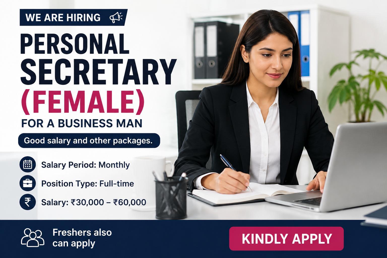 IndiaPage – Personal Secretary Job for Female Candidates | ₹30,000–₹60,000 Monthly