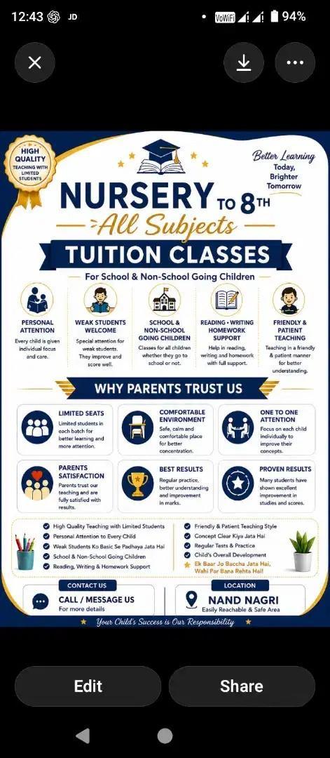 Nursery to 8th Tuition Classes in Nand Nagri