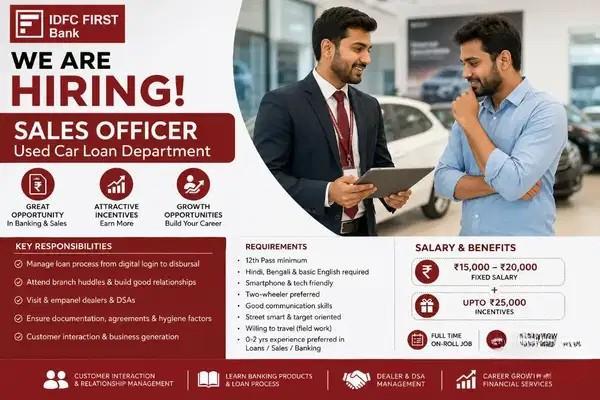 IDFC FIRST Bank: Sales Officer Hiring For Used Car Loan Department