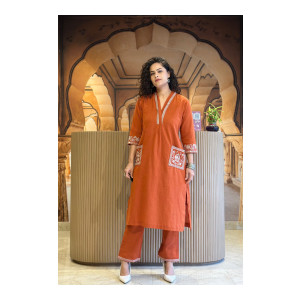 AADHYATREND Women Khadi Cotton Kurta Pant Set