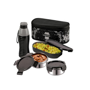 CELLO Gemini Lunch Box with Insulated Water Bottle   Gift Set   3 Containers + 1 600ml Insulated Bottle   Easy to Carry Jacket   Airtight & Leakproof   Ideal for School, Office & College   Black
