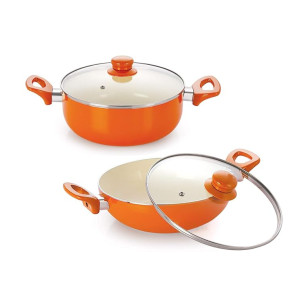 NIRLON Ceramic Non Stick Induction Aluminium Kadhai And Casserole With Glass Lid - Set Of 2