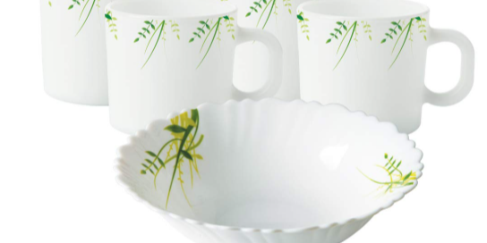 Larah by BOROSIL Hub Opalware Snacks Set (White, Green) - 5-Pieces