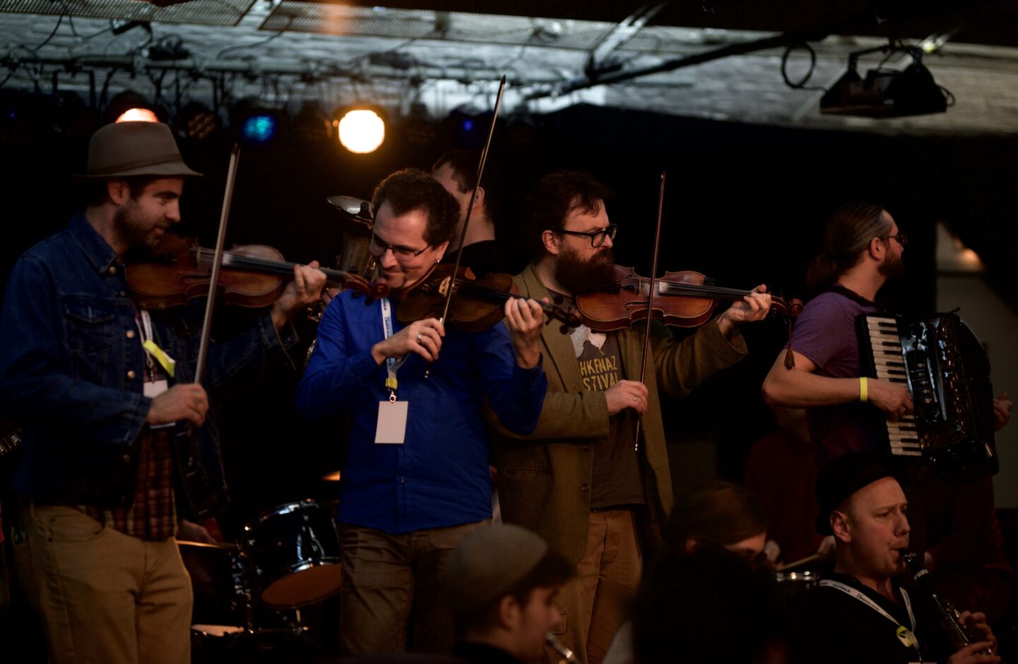 <p>Musicians Craig Judelman, Mark Kovnatskiy, Mitia Khramtsov, and Ilya Shneyveys at the Shtetl Neukoelln Festival. Photo by Shendl Copitman.</p>