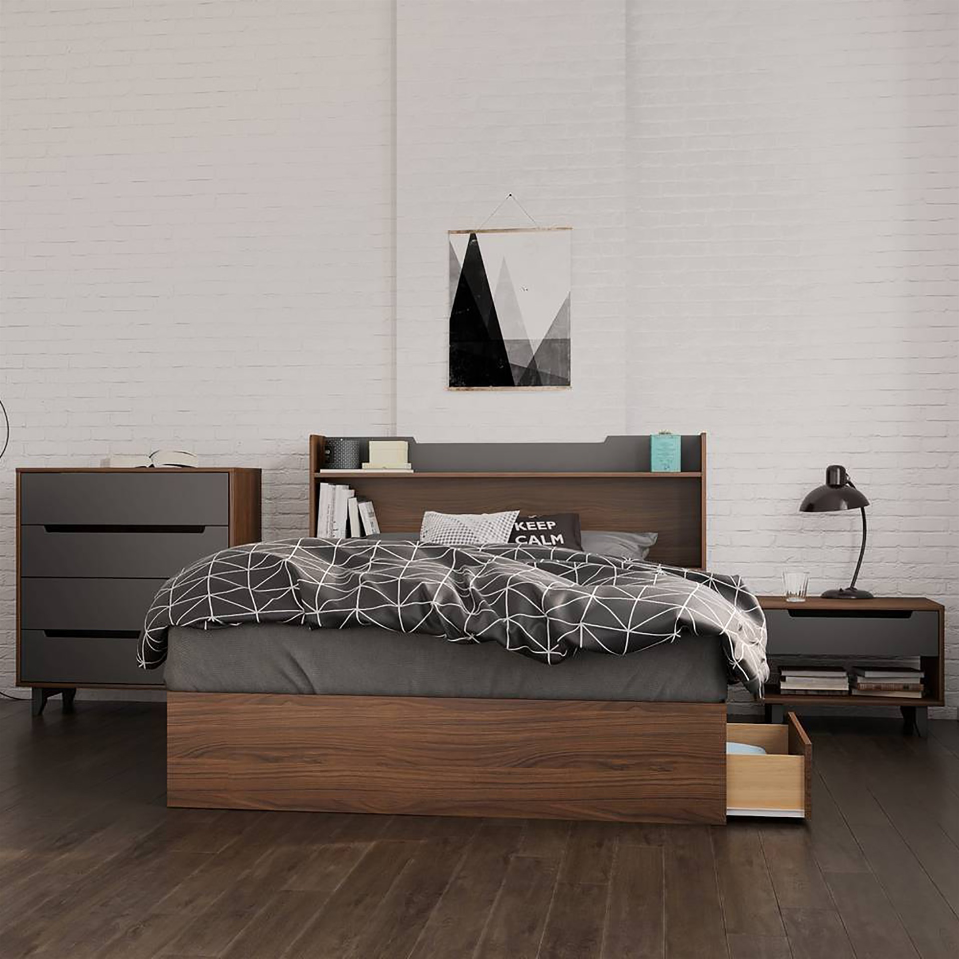 340142 Alibi 1 Drawer Night Stand Walnut Charcoal