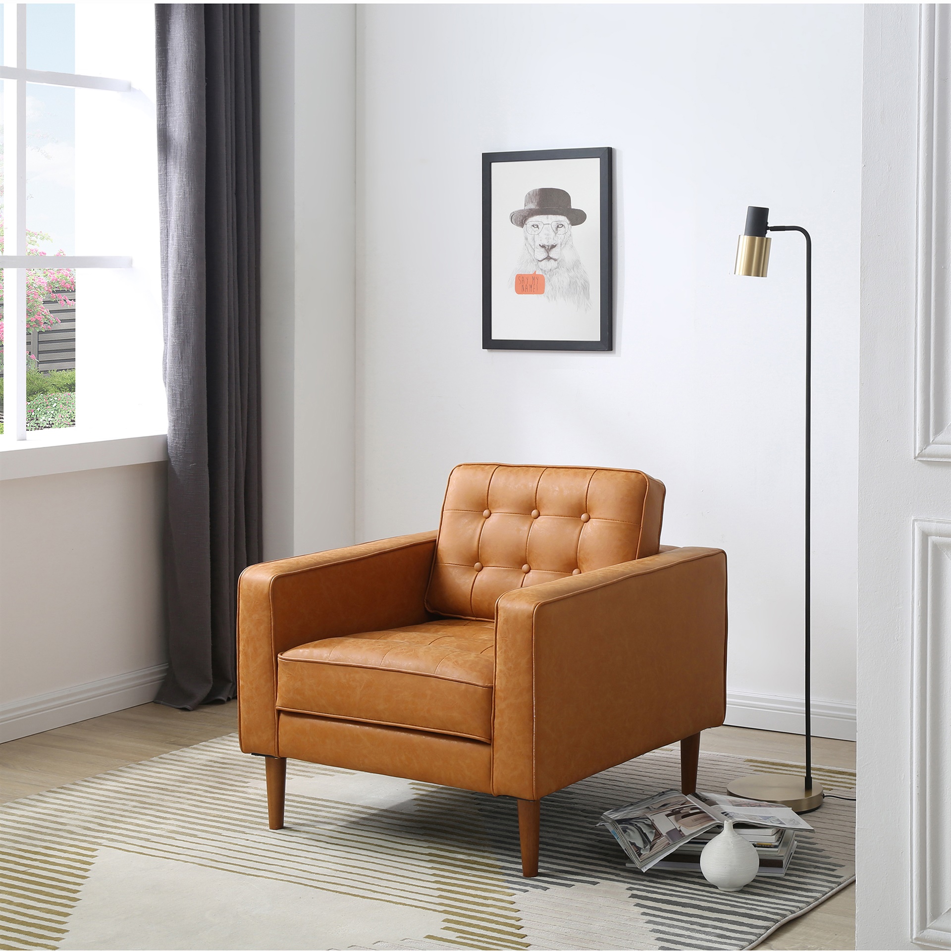 The Owen Armchair in Vintage Tan Leatherette with Button Tufted Backrest | padstyle.com