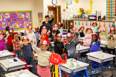 Barbara Fisher's first-grade classroom from Seiberling Community Learning Center in Akron, Ohio participates in National Junior Fire Marshal Day. (Photo: Business Wire)