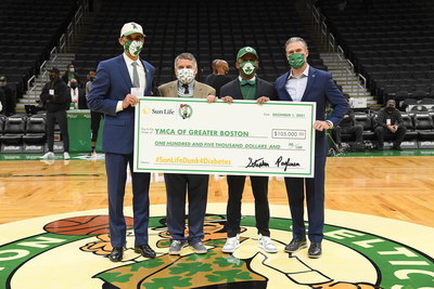 Boston TD Garden center court check presentation for #SunLifeDunk4Diabetes. L to R: James Morton, CEO of YMCA of Greater Boston; Ed Milano, VP of Marketing, Sun Life U.S.; Jarret Royster, Chief Branch Officer, YMCA of Greater Boston; Ted Dalton, Sr. VP of Partnerships & Business Development, Boston Celtics.
