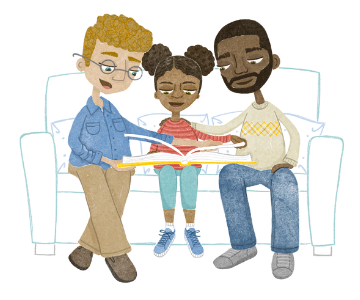 Watercolor illustration of  Family Reading on Couch