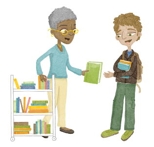 Watercolor illustration of  Librarian handing a book to a student