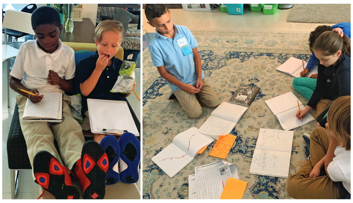 Photos of children doing homework with their feed up and on the carpet