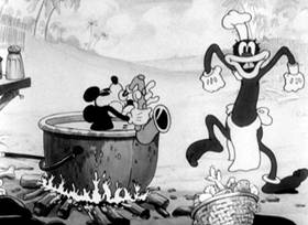 Screenshots from the 1932 Disney cartoon Trader Mickey