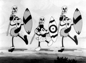 Screenshots from the 1932 Disney cartoon Trader Mickey