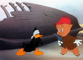 Screenshots from the 1944 Warner Bros. cartoon Duck Soup to Nuts