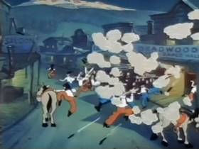 Screenshots from the 1945 Terrytoons cartoon Mighty Mouse Meets Bad Bill Bunion