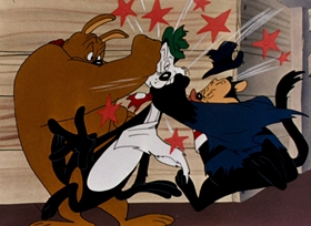 Screenshots from the 1946 Warner Bros. cartoon Hush My Mouse