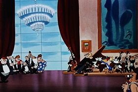 Screenshots from the 1948 Walter Lantz cartoon Banquet Busters