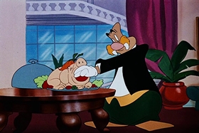 Screenshots from the 1948 Walter Lantz cartoon Banquet Busters