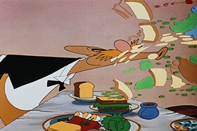 Screenshots from the 1948 Walter Lantz cartoon Banquet Busters