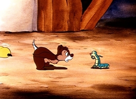 Screenshots from the 1951 Disney cartoon Chicken in the Rough